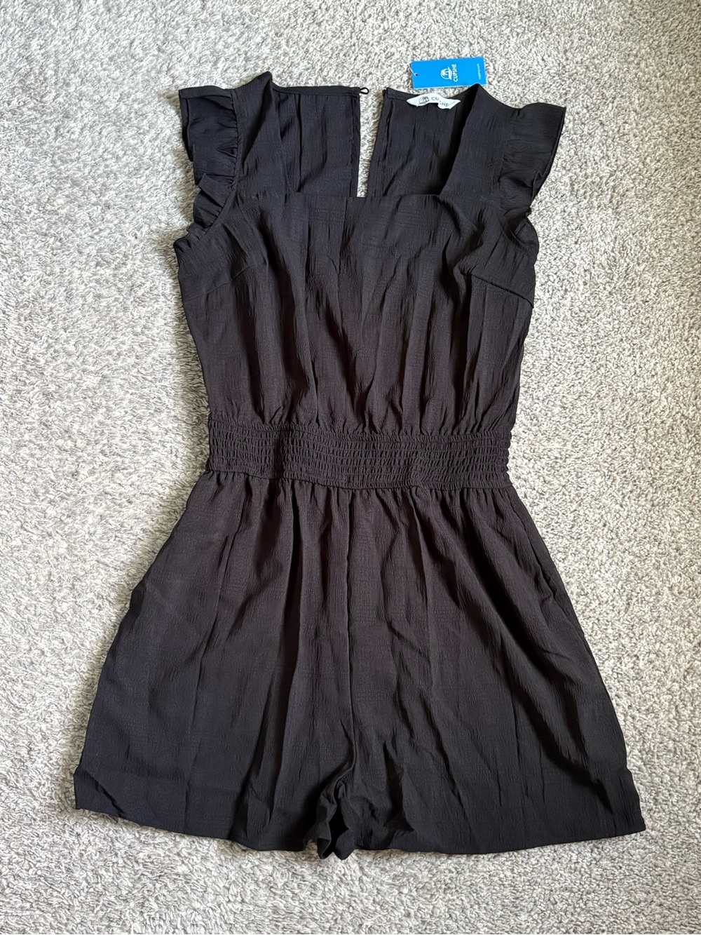 Cupshe Black Ruffle-Sleeve Smocked-Waist One-Piece Romper